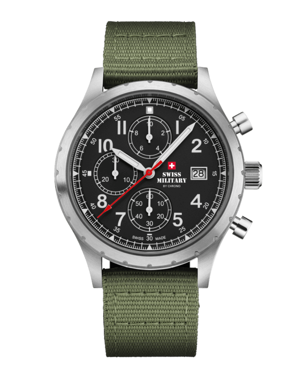 Swiss Military Field Chronograph Watch black dial green canvas front view