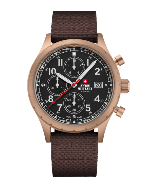Swiss Military Field Chronograph Watch gold case brown canvas front view