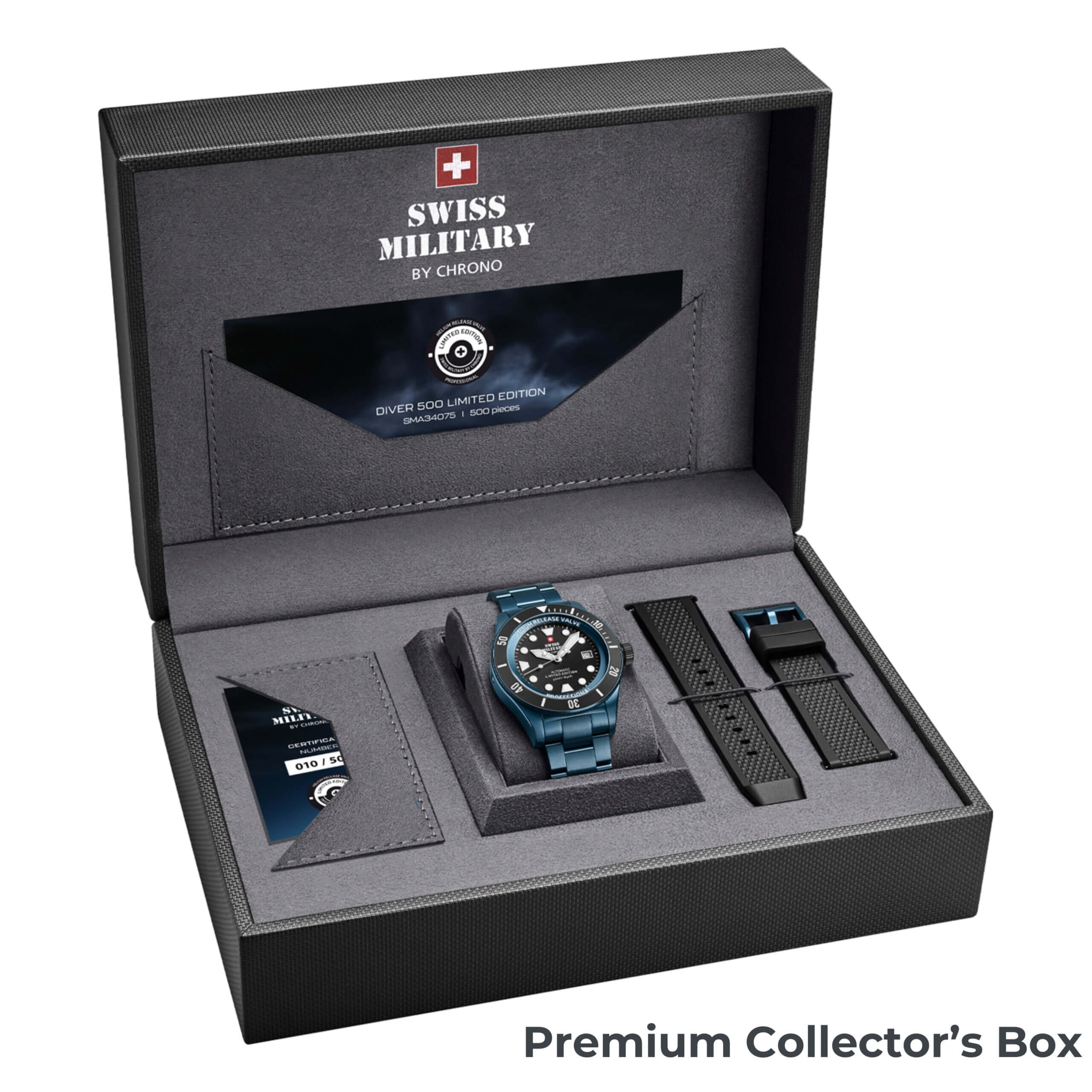 Collector’s box and certificate of authenticity of the Swiss Military DIVER 500 Limited Edition
