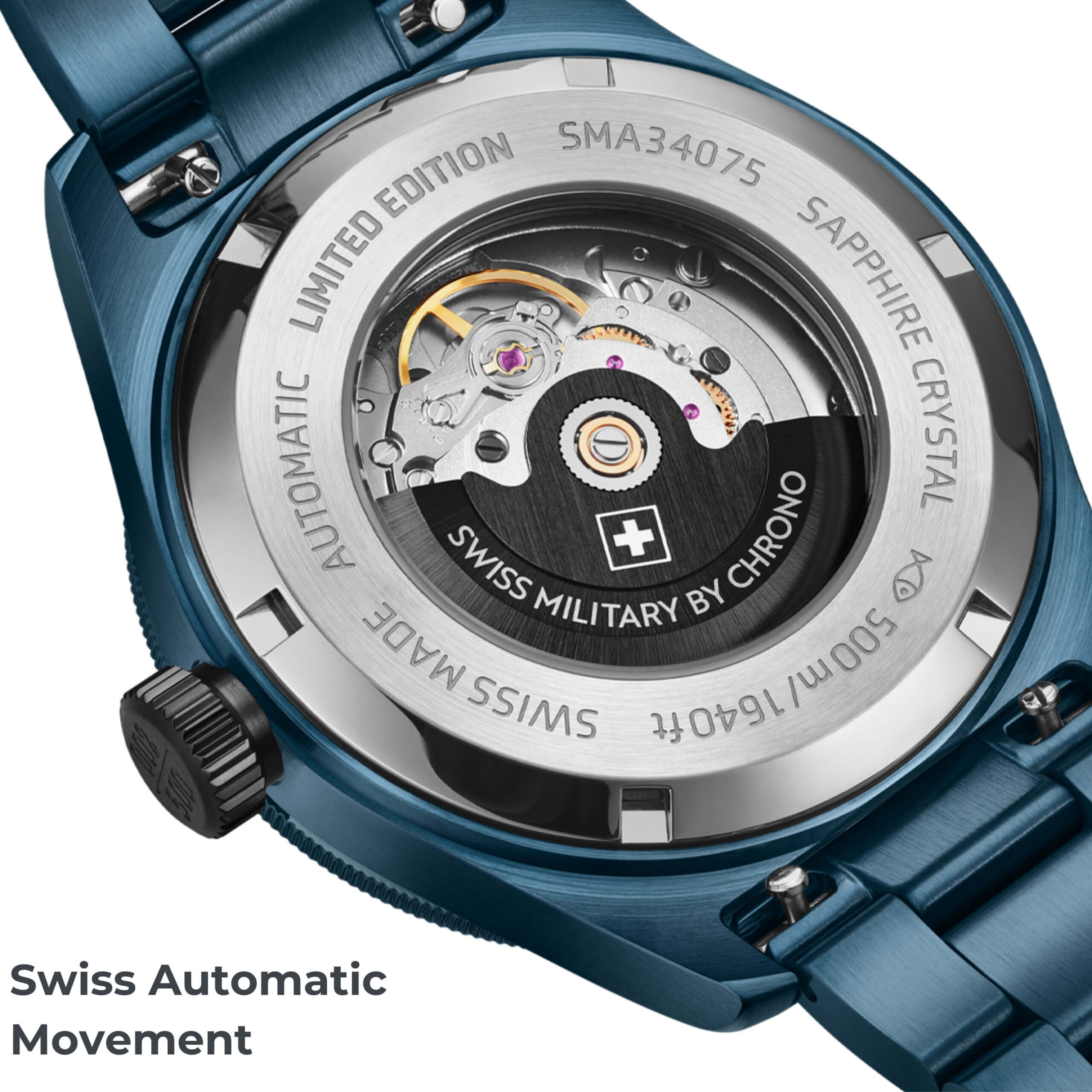 Sellita SW200 automatic movement visible through sapphire case back of the DIVER 500 Limited Edition