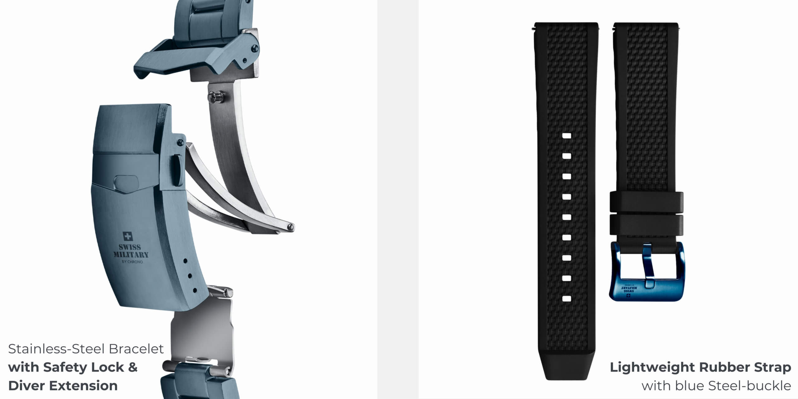 Stainless-steel bracelet with safety lock and diver extension and rubber strap of the Swiss Military DIVER 500 Limited Edition