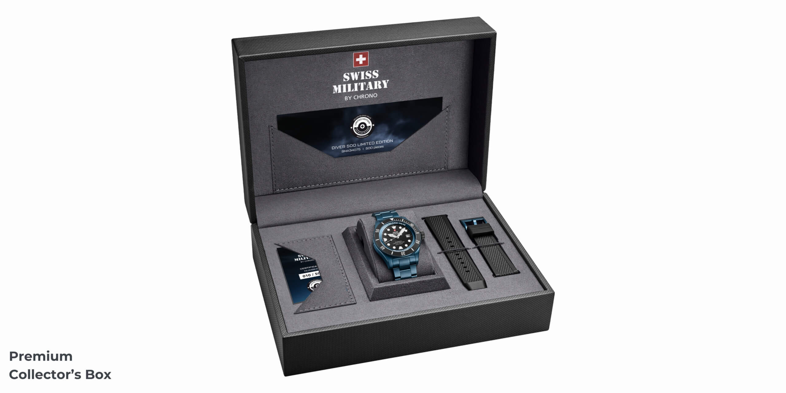 Collector’s box and certificate of authenticity of the Swiss Military DIVER 500 Limited Edition
