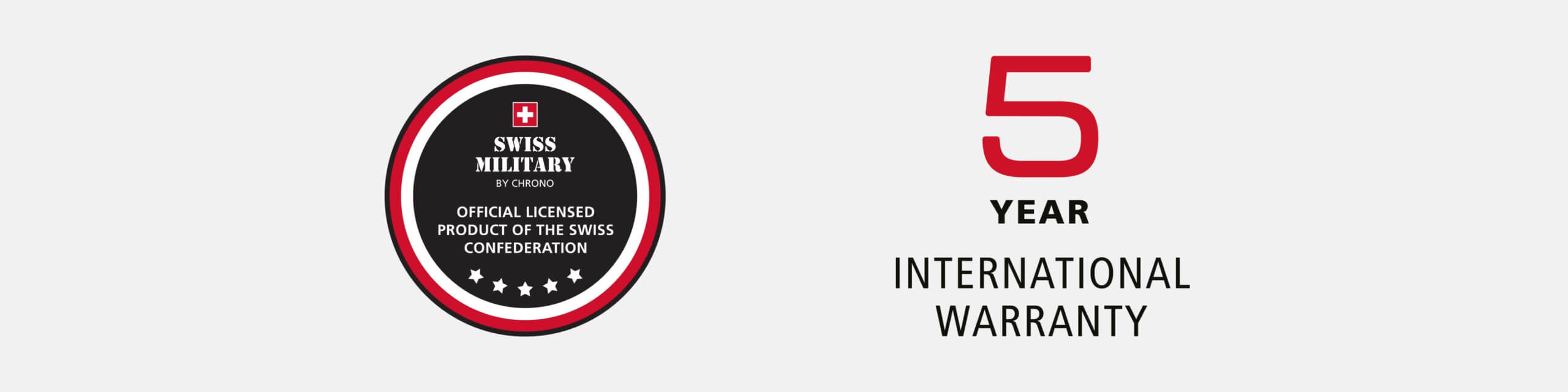 Swiss Military by Chrono official license and 5‑year international warranty badge – authentic Swiss Made watch quality guaranteed.