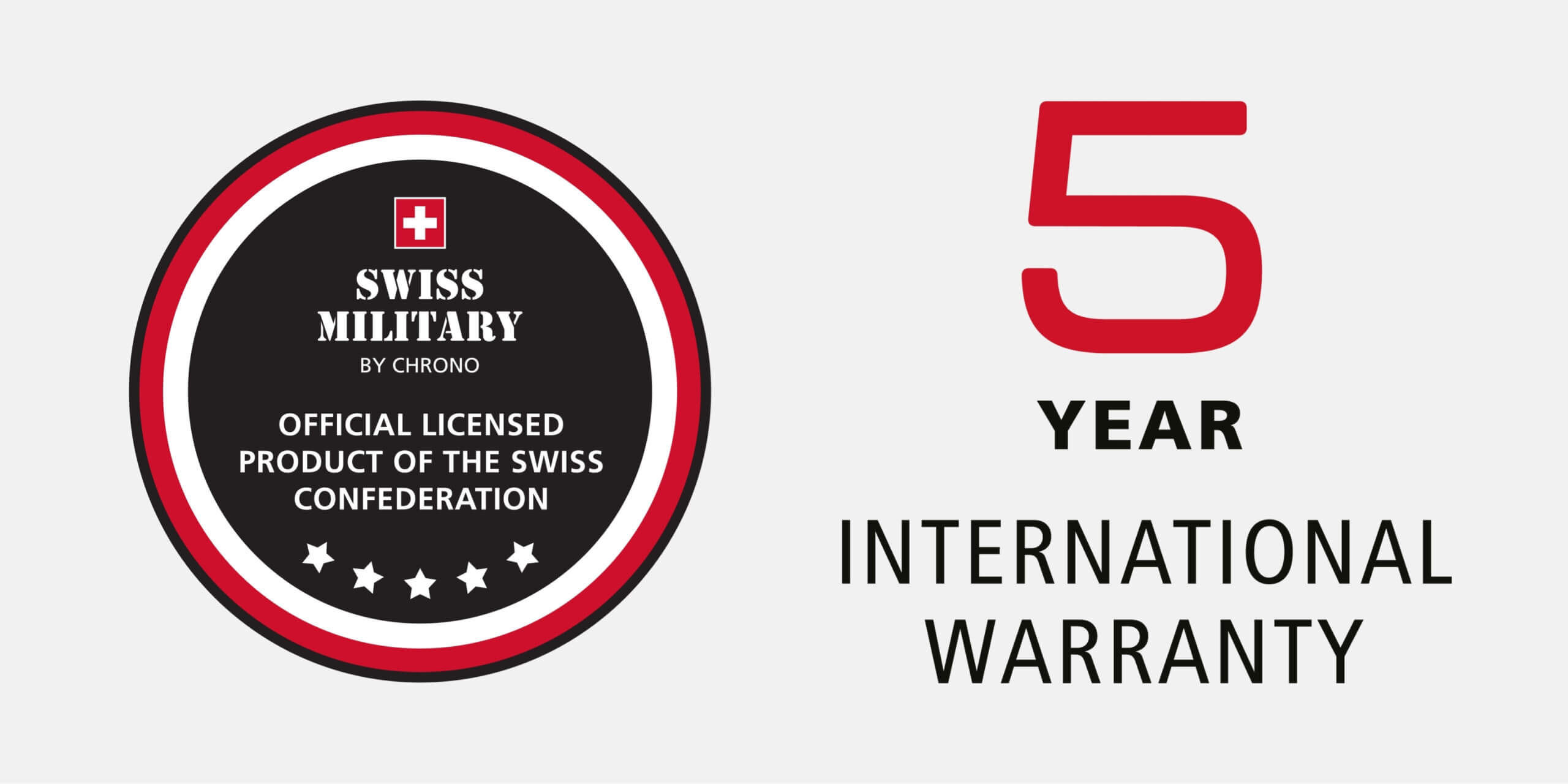 Swiss Military by Chrono official license and 5‑year international warranty badge – authentic Swiss Made watch quality guaranteed.