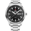Reloj militar suizo clásico de caballero esfera negra brazalete de acero frontal