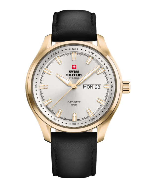 wiss Military Classic Men’s Watch gold PVD silver dial leather strap front