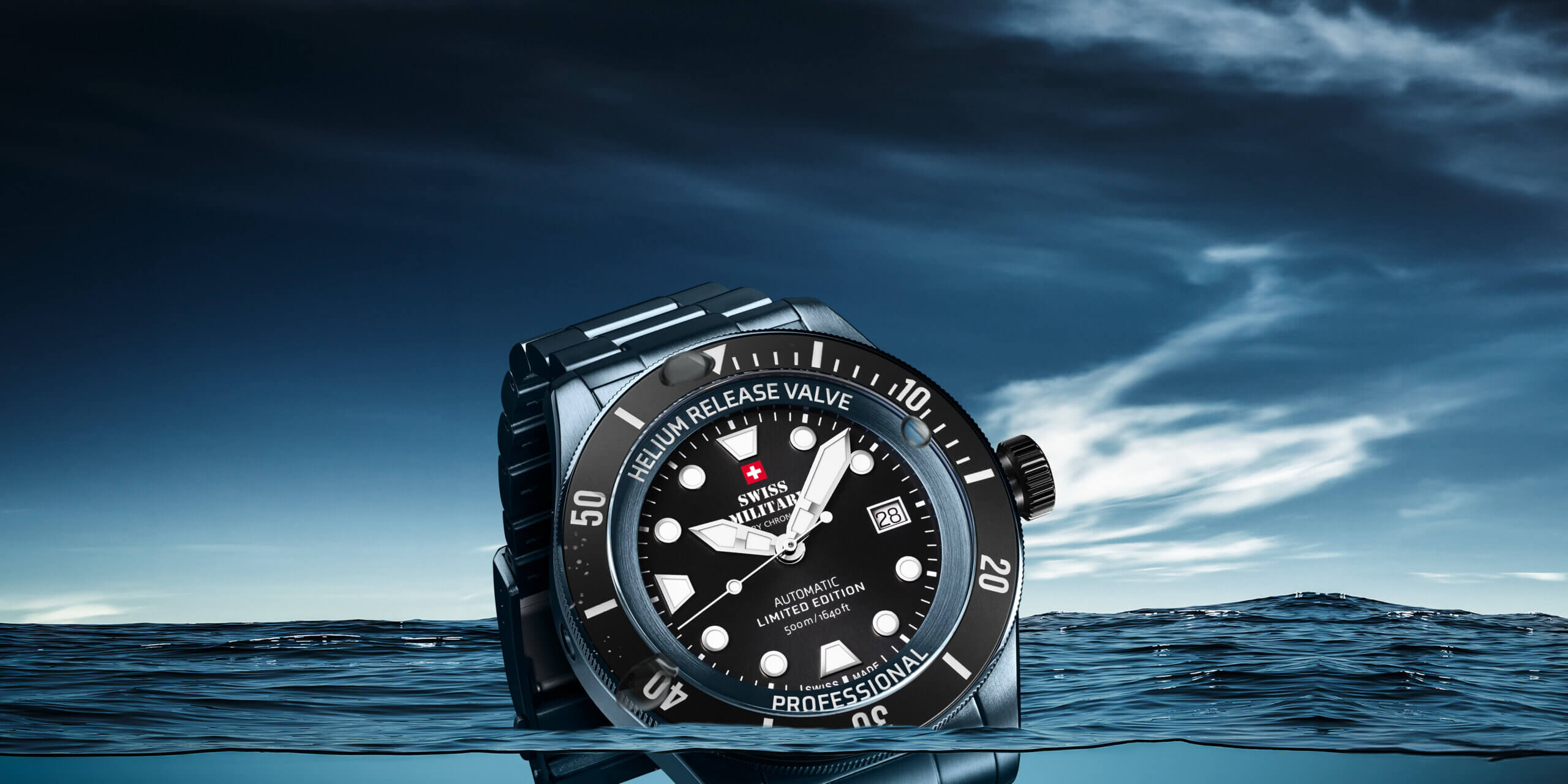 Swiss Military DIVER 500 Limited Edition Automatic Dive Watch 500 m – Swiss Made professional diver’s timepiece emerging from the ocean by Swiss Military by Chrono